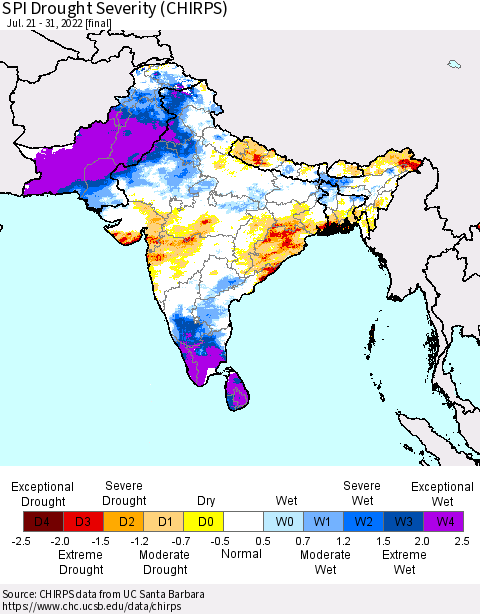 Southern Asia SPI Drought Severity (CHIRPS) Thematic Map For 7/21/2022 - 7/31/2022