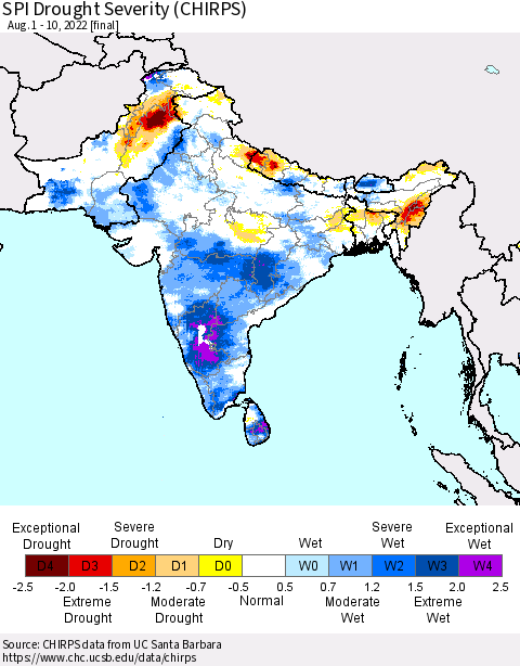 Southern Asia SPI Drought Severity (CHIRPS) Thematic Map For 8/1/2022 - 8/10/2022