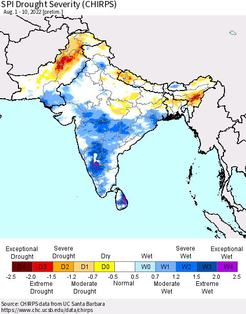 Southern Asia SPI Drought Severity (CHIRPS) Thematic Map For 8/1/2022 - 8/10/2022