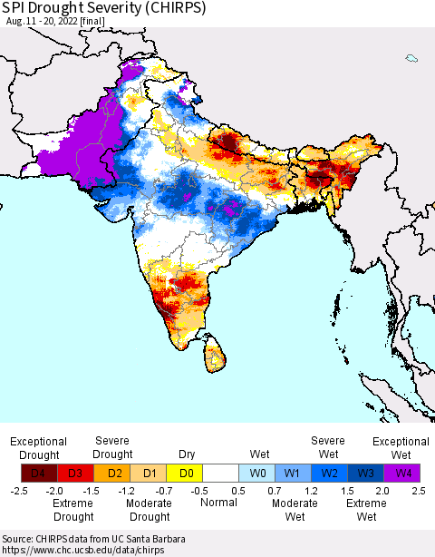Southern Asia SPI Drought Severity (CHIRPS) Thematic Map For 8/11/2022 - 8/20/2022