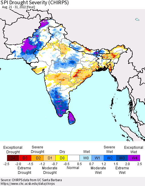 Southern Asia SPI Drought Severity (CHIRPS) Thematic Map For 8/21/2022 - 8/31/2022
