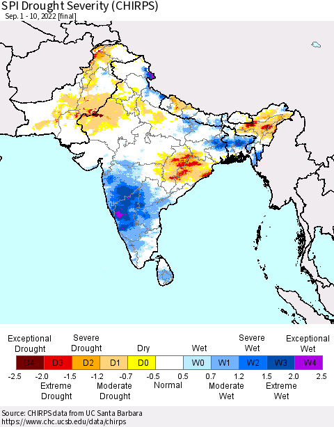 Southern Asia SPI Drought Severity (CHIRPS) Thematic Map For 9/1/2022 - 9/10/2022