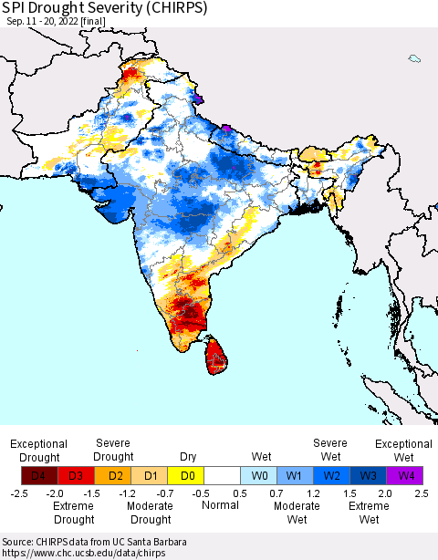 Southern Asia SPI Drought Severity (CHIRPS) Thematic Map For 9/11/2022 - 9/20/2022