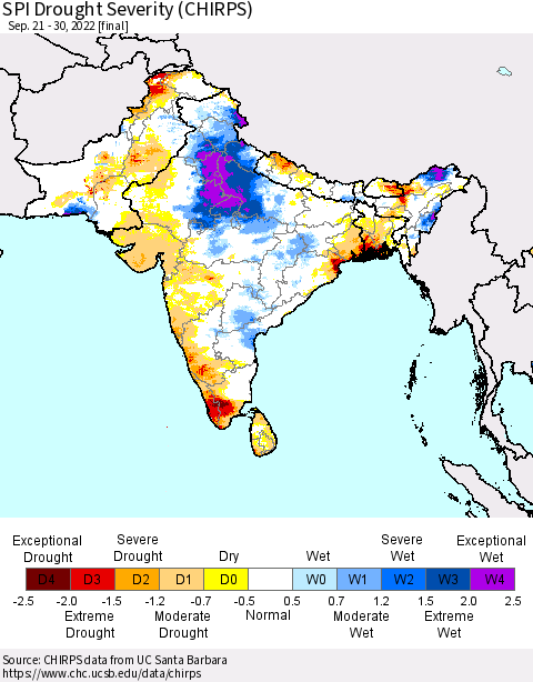 Southern Asia SPI Drought Severity (CHIRPS) Thematic Map For 9/21/2022 - 9/30/2022