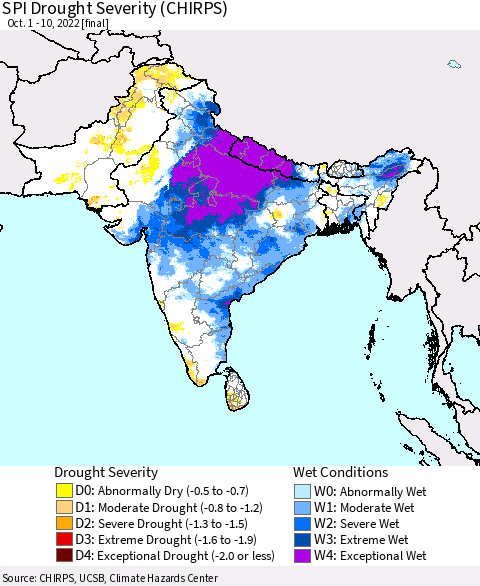 Southern Asia SPI Drought Severity (CHIRPS) Thematic Map For 10/1/2022 - 10/10/2022