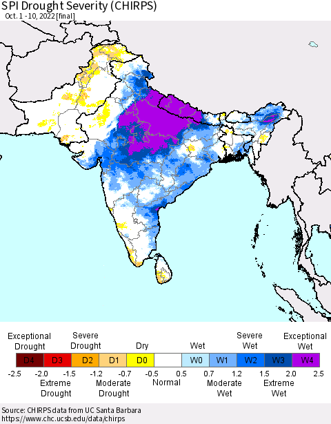 Southern Asia SPI Drought Severity (CHIRPS) Thematic Map For 10/1/2022 - 10/10/2022