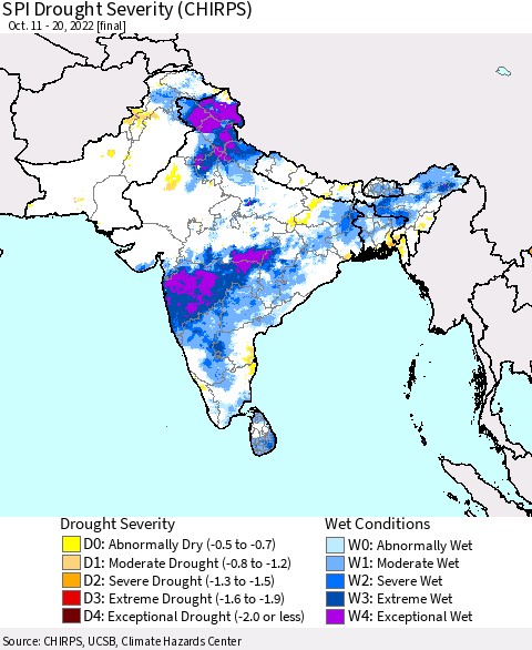 Southern Asia SPI Drought Severity (CHIRPS) Thematic Map For 10/11/2022 - 10/20/2022