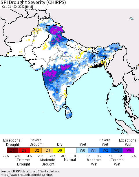 Southern Asia SPI Drought Severity (CHIRPS) Thematic Map For 10/11/2022 - 10/20/2022
