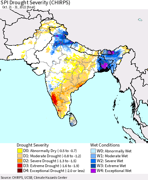 Southern Asia SPI Drought Severity (CHIRPS) Thematic Map For 10/21/2022 - 10/31/2022