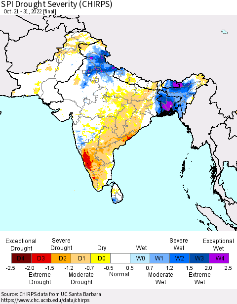 Southern Asia SPI Drought Severity (CHIRPS) Thematic Map For 10/21/2022 - 10/31/2022