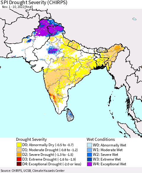 Southern Asia SPI Drought Severity (CHIRPS) Thematic Map For 11/1/2022 - 11/10/2022
