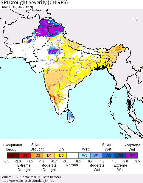 Southern Asia SPI Drought Severity (CHIRPS) Thematic Map For 11/1/2022 - 11/10/2022
