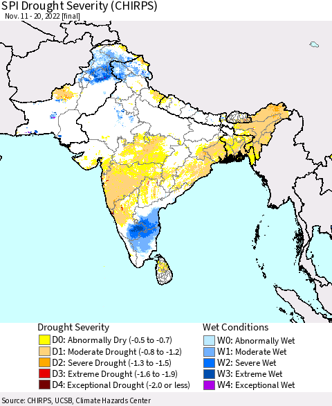 Southern Asia SPI Drought Severity (CHIRPS) Thematic Map For 11/11/2022 - 11/20/2022
