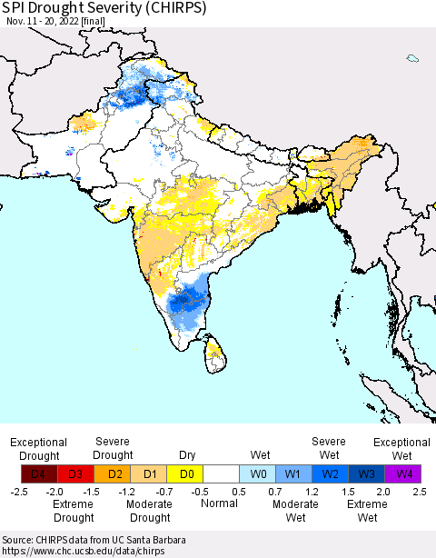 Southern Asia SPI Drought Severity (CHIRPS) Thematic Map For 11/11/2022 - 11/20/2022