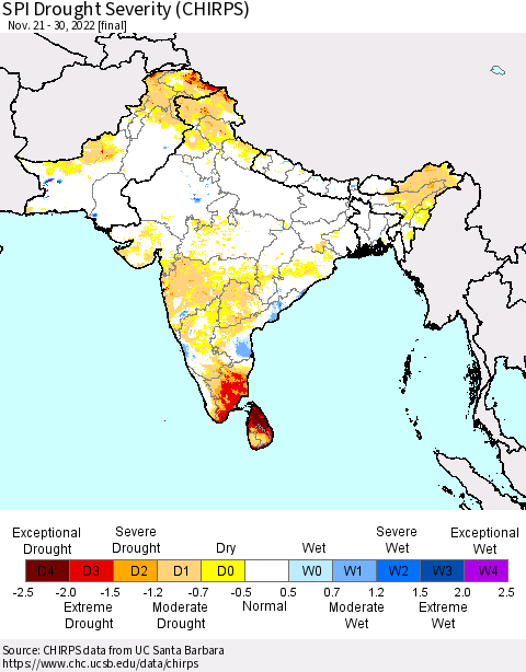 Southern Asia SPI Drought Severity (CHIRPS) Thematic Map For 11/21/2022 - 11/30/2022