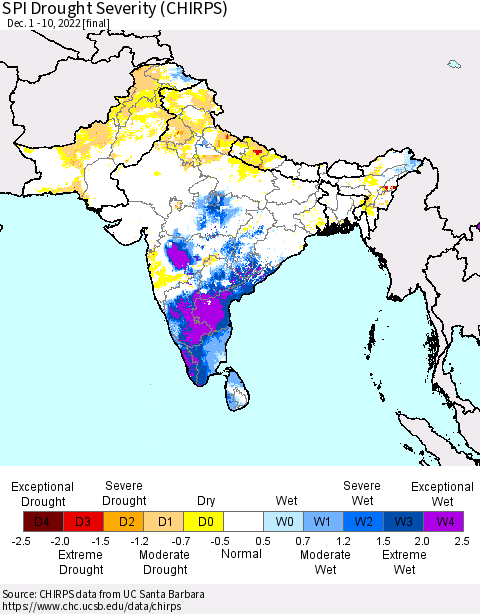 Southern Asia SPI Drought Severity (CHIRPS) Thematic Map For 12/1/2022 - 12/10/2022
