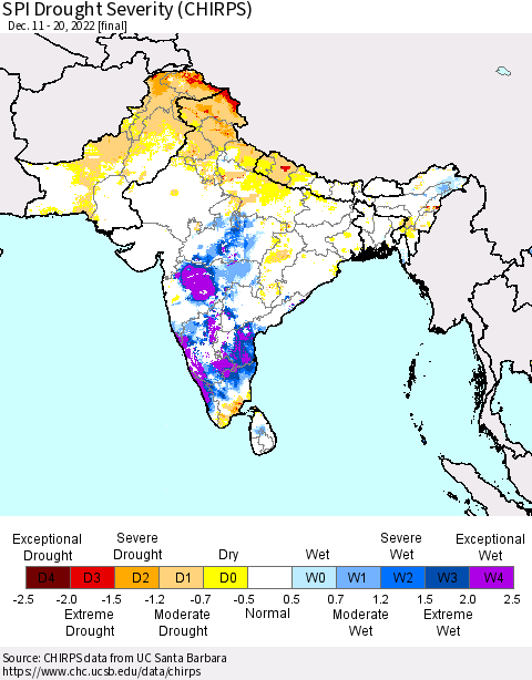 Southern Asia SPI Drought Severity (CHIRPS) Thematic Map For 12/11/2022 - 12/20/2022