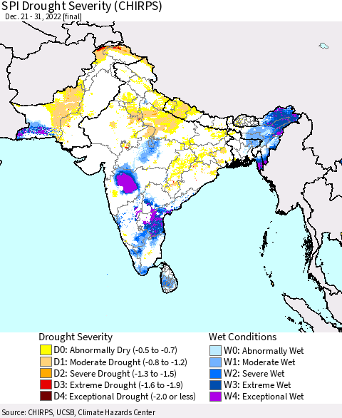 Southern Asia SPI Drought Severity (CHIRPS) Thematic Map For 12/21/2022 - 12/31/2022