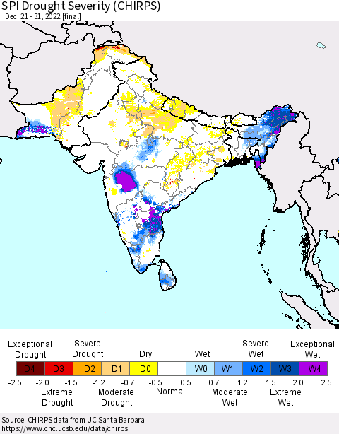 Southern Asia SPI Drought Severity (CHIRPS) Thematic Map For 12/21/2022 - 12/31/2022