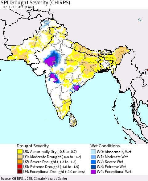 Southern Asia SPI Drought Severity (CHIRPS) Thematic Map For 1/1/2023 - 1/10/2023