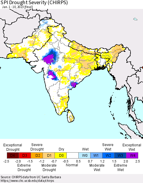 Southern Asia SPI Drought Severity (CHIRPS) Thematic Map For 1/1/2023 - 1/10/2023