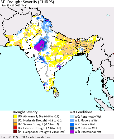 Southern Asia SPI Drought Severity (CHIRPS) Thematic Map For 1/11/2023 - 1/20/2023