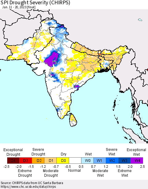 Southern Asia SPI Drought Severity (CHIRPS) Thematic Map For 1/11/2023 - 1/20/2023