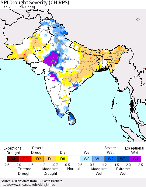 Southern Asia SPI Drought Severity (CHIRPS) Thematic Map For 1/21/2023 - 1/31/2023