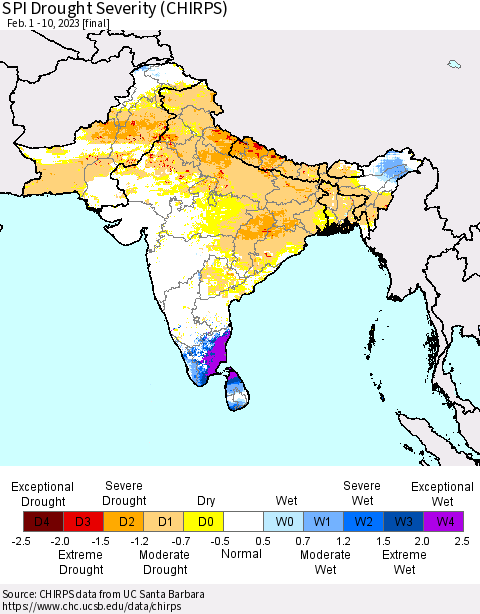 Southern Asia SPI Drought Severity (CHIRPS) Thematic Map For 2/1/2023 - 2/10/2023