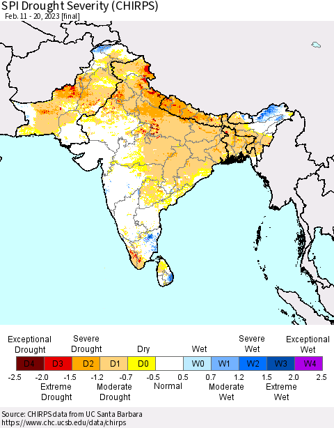 Southern Asia SPI Drought Severity (CHIRPS) Thematic Map For 2/11/2023 - 2/20/2023