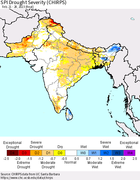 Southern Asia SPI Drought Severity (CHIRPS) Thematic Map For 2/21/2023 - 2/28/2023