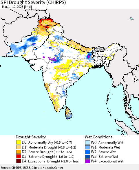 Southern Asia SPI Drought Severity (CHIRPS) Thematic Map For 3/1/2023 - 3/10/2023
