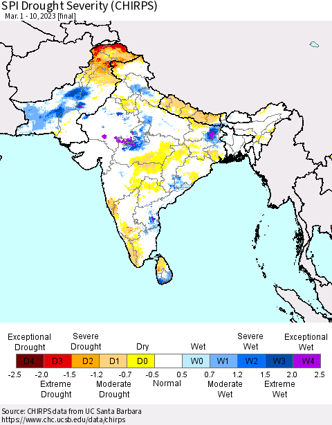 Southern Asia SPI Drought Severity (CHIRPS) Thematic Map For 3/1/2023 - 3/10/2023
