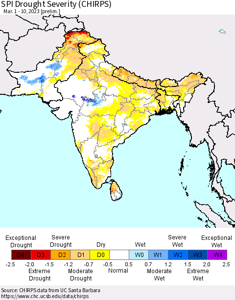 Southern Asia SPI Drought Severity (CHIRPS) Thematic Map For 3/1/2023 - 3/10/2023