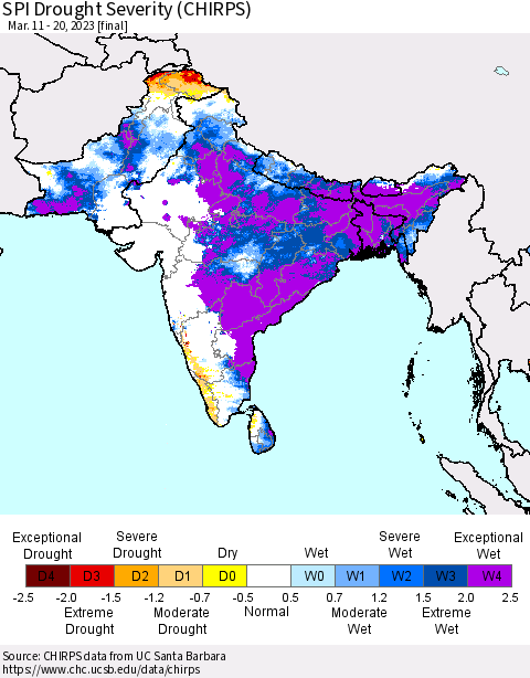 Southern Asia SPI Drought Severity (CHIRPS) Thematic Map For 3/11/2023 - 3/20/2023