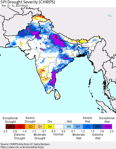 Southern Asia SPI Drought Severity (CHIRPS) Thematic Map For 3/21/2023 - 3/31/2023