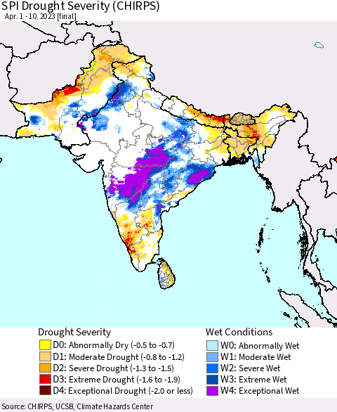 Southern Asia SPI Drought Severity (CHIRPS) Thematic Map For 4/1/2023 - 4/10/2023