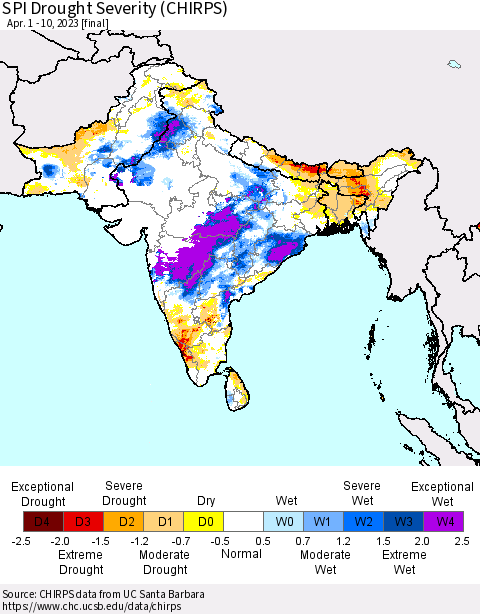 Southern Asia SPI Drought Severity (CHIRPS) Thematic Map For 4/1/2023 - 4/10/2023