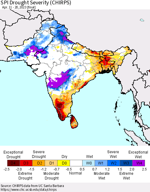 Southern Asia SPI Drought Severity (CHIRPS) Thematic Map For 4/11/2023 - 4/20/2023