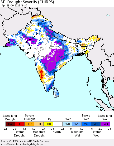 Southern Asia SPI Drought Severity (CHIRPS) Thematic Map For 4/21/2023 - 4/30/2023