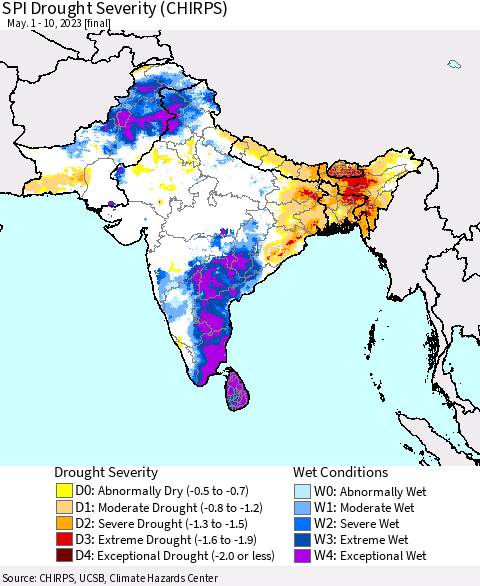Southern Asia SPI Drought Severity (CHIRPS) Thematic Map For 5/1/2023 - 5/10/2023