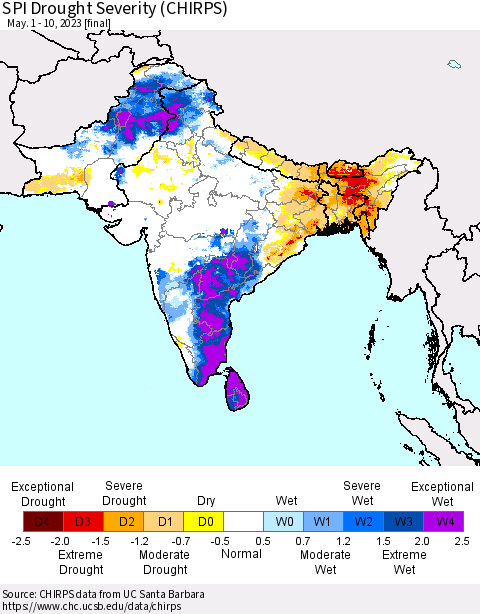 Southern Asia SPI Drought Severity (CHIRPS) Thematic Map For 5/1/2023 - 5/10/2023