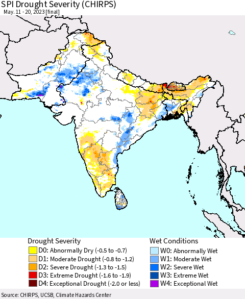 Southern Asia SPI Drought Severity (CHIRPS) Thematic Map For 5/11/2023 - 5/20/2023