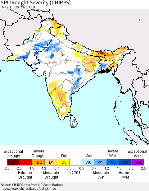Southern Asia SPI Drought Severity (CHIRPS) Thematic Map For 5/11/2023 - 5/20/2023