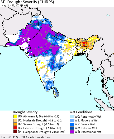 Southern Asia SPI Drought Severity (CHIRPS) Thematic Map For 5/21/2023 - 5/31/2023