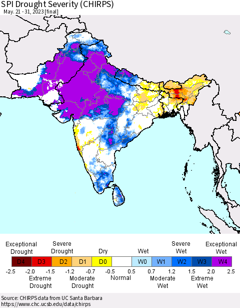 Southern Asia SPI Drought Severity (CHIRPS) Thematic Map For 5/21/2023 - 5/31/2023