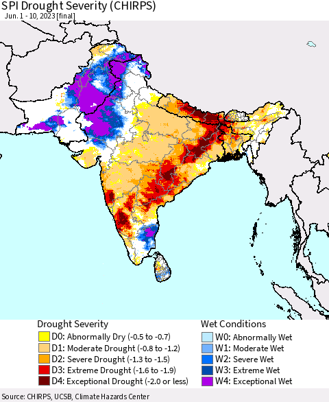 Southern Asia SPI Drought Severity (CHIRPS) Thematic Map For 6/1/2023 - 6/10/2023