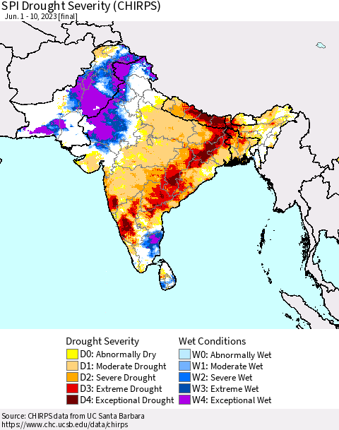 Southern Asia SPI Drought Severity (CHIRPS) Thematic Map For 6/1/2023 - 6/10/2023