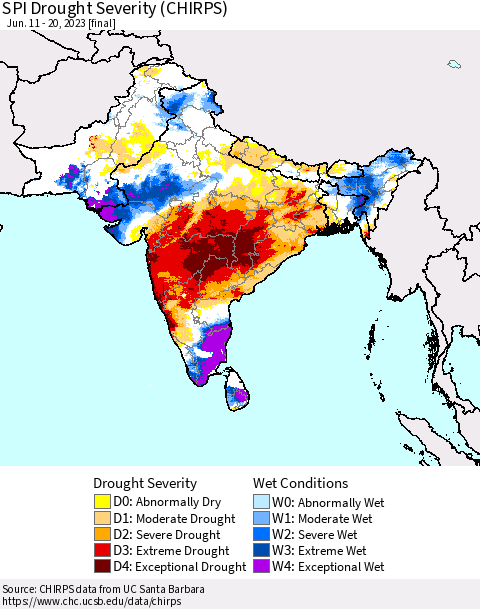 Southern Asia SPI Drought Severity (CHIRPS) Thematic Map For 6/11/2023 - 6/20/2023