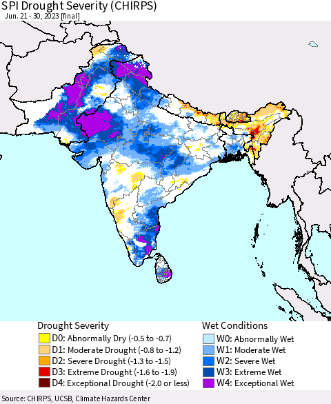 Southern Asia SPI Drought Severity (CHIRPS) Thematic Map For 6/21/2023 - 6/30/2023